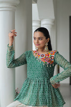 Prazu Fashion Green Bandhani Print Work With Kutchi Gamthi Patchework Navaratri Lehenga