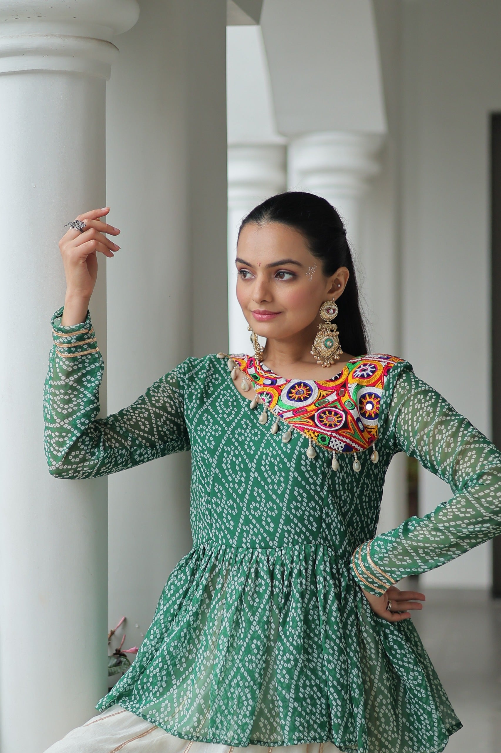 Prazu Fashion Green Bandhani Print Work With Kutchi Gamthi Patchework Navaratri Lehenga