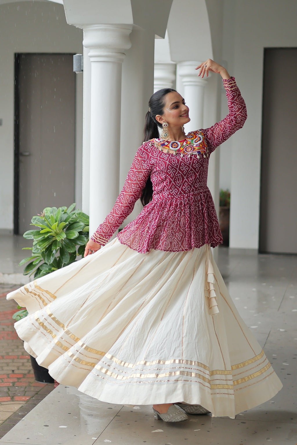 Prazu Fashion Wine Bandhani Print Work With Kutchi Gamthi Patchework Navaratri Lehenga
