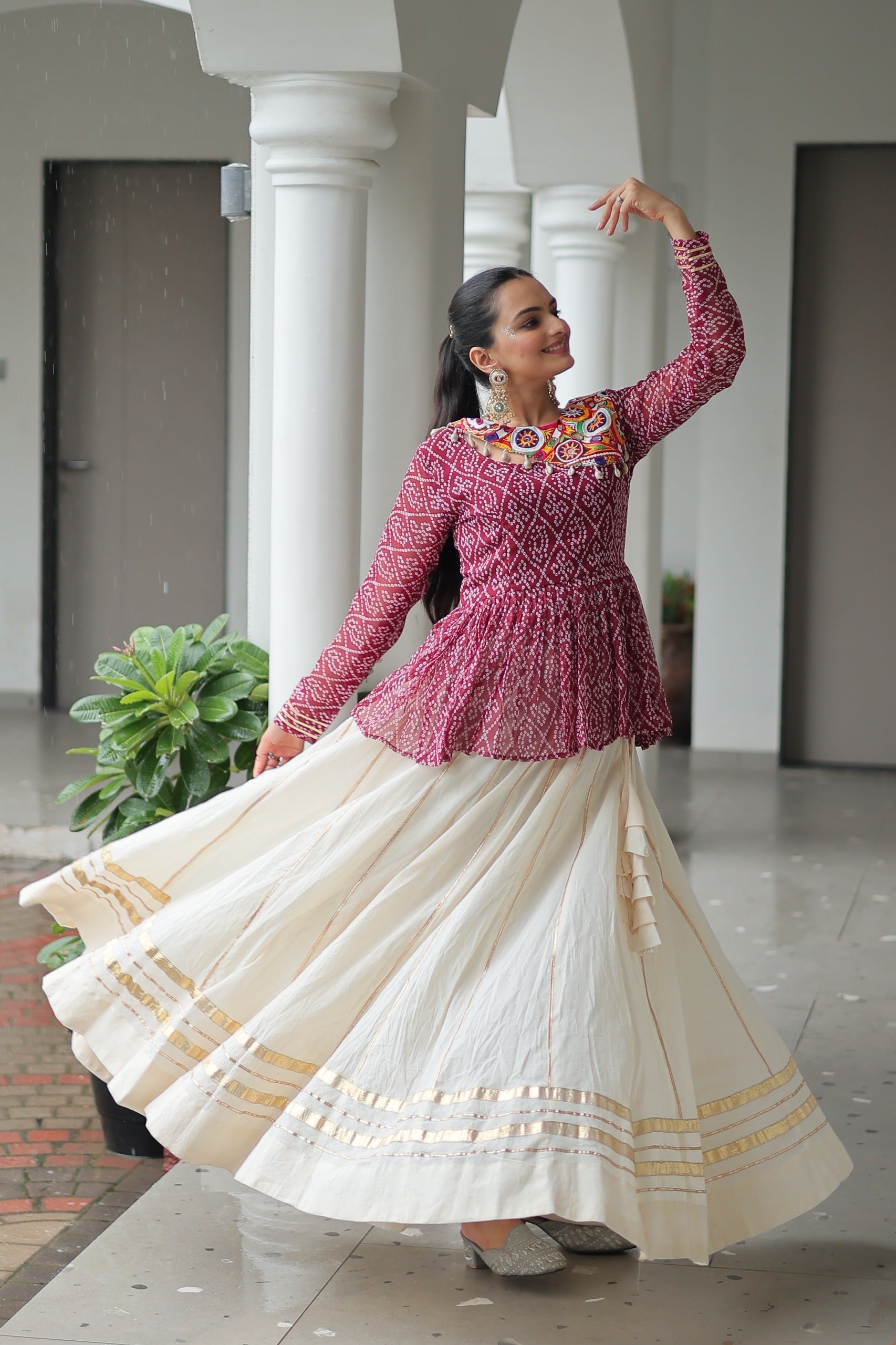Prazu Fashion Wine Bandhani Print Work With Kutchi Gamthi Patchework Navaratri Lehenga