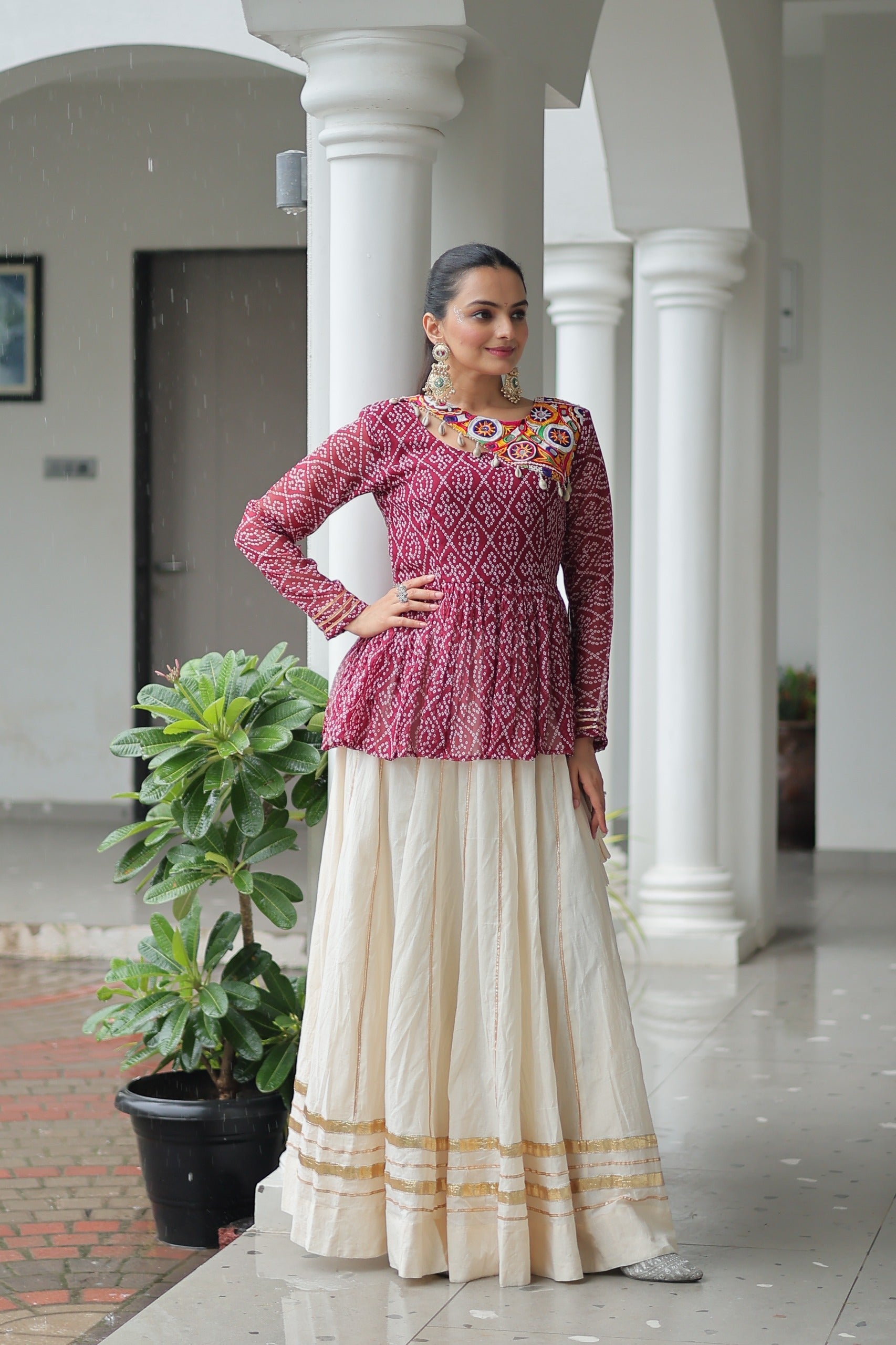Prazu Fashion Wine Bandhani Print Work With Kutchi Gamthi Patchework Navaratri Lehenga
