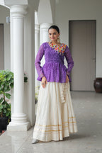 Prazu Fashion Violet Bandhani Print Work With Kutchi Gamthi Patchework Navaratri Lehenga
