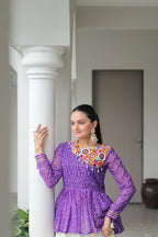 Prazu Fashion Violet Bandhani Print Work With Kutchi Gamthi Patchework Navaratri Lehenga