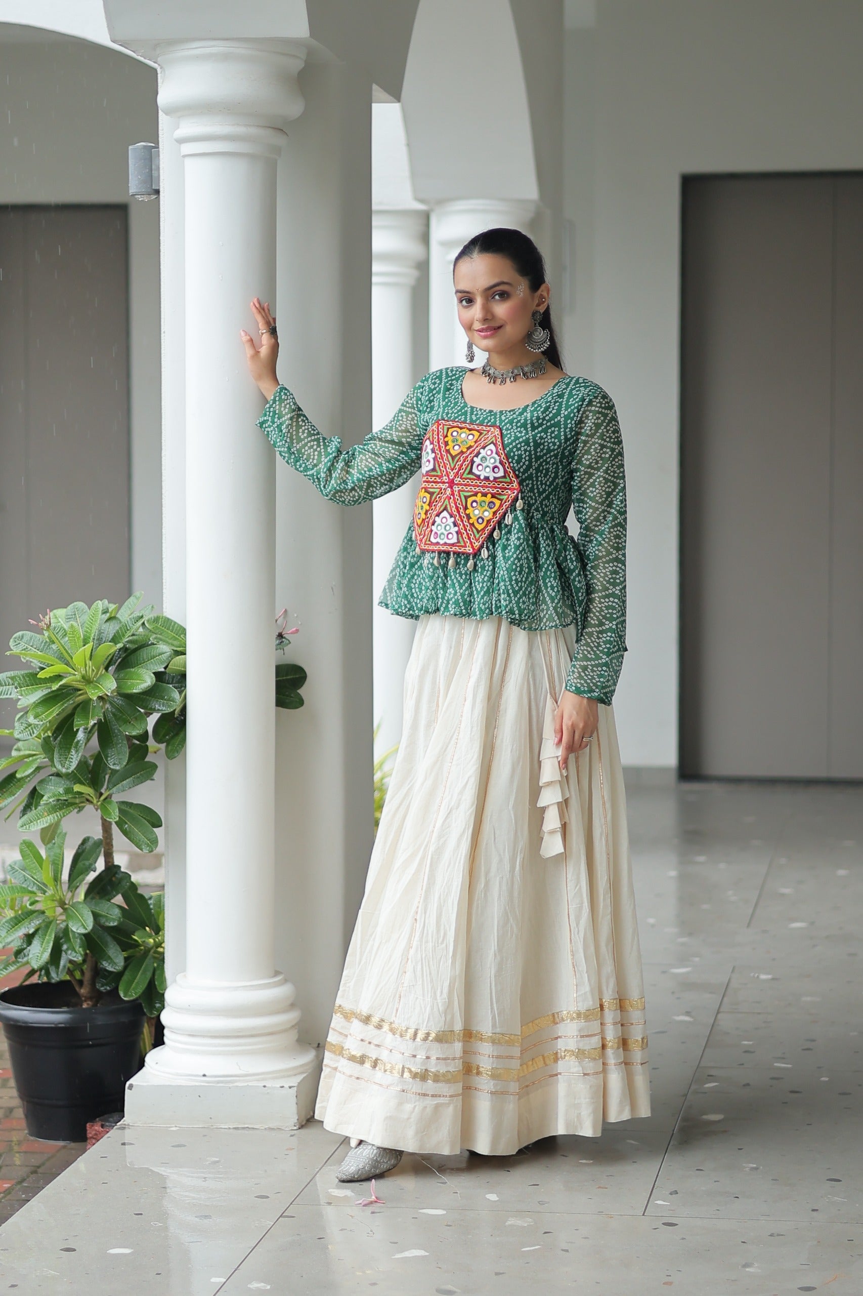 Prazu Fashion Green Georgette Bandhani Print With Kutchi Gamthi Patchwork Navratri Lehenga