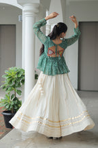 Prazu Fashion Green Georgette Bandhani Print With Kutchi Gamthi Patchwork Navratri Lehenga