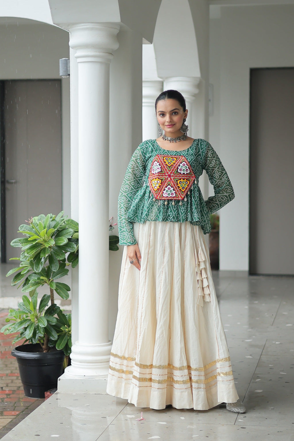 Prazu Fashion Green Georgette Bandhani Print With Kutchi Gamthi Patchwork Navratri Lehenga