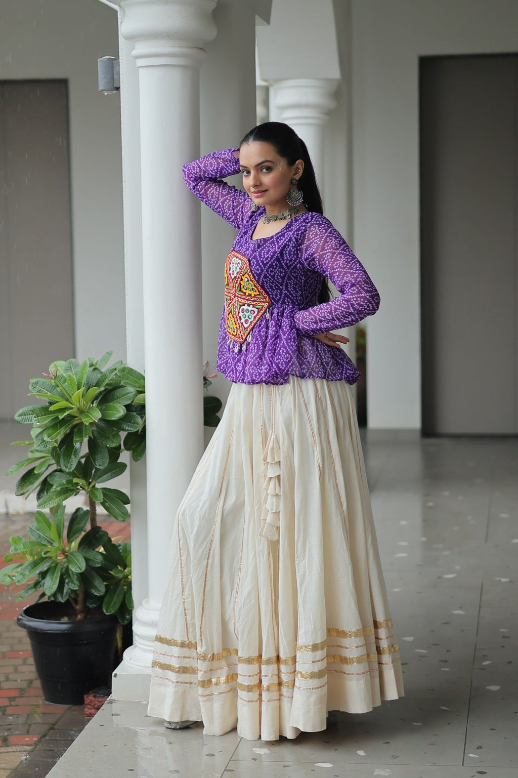 Prazu Fashion Violet Georgette Bandhani Print With Kutchi Gamthi Patchwork Navratri Lehenga