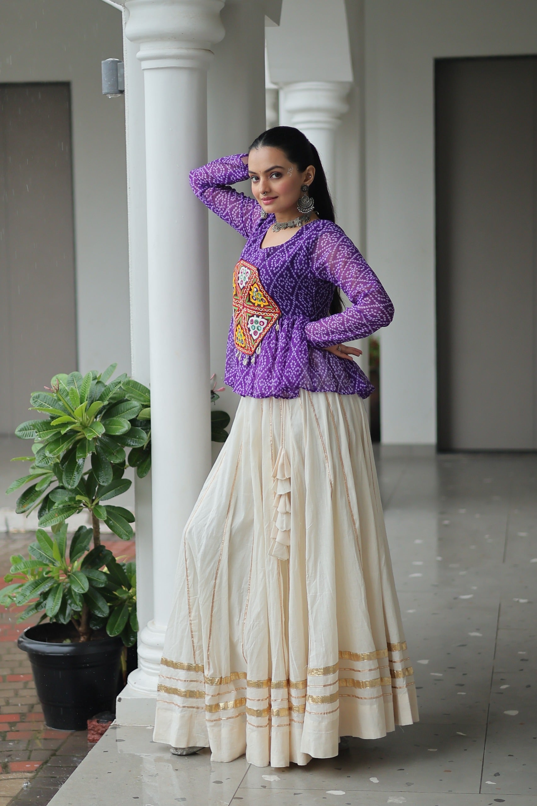 Prazu Fashion Violet Georgette Bandhani Print With Kutchi Gamthi Patchwork Navratri Lehenga