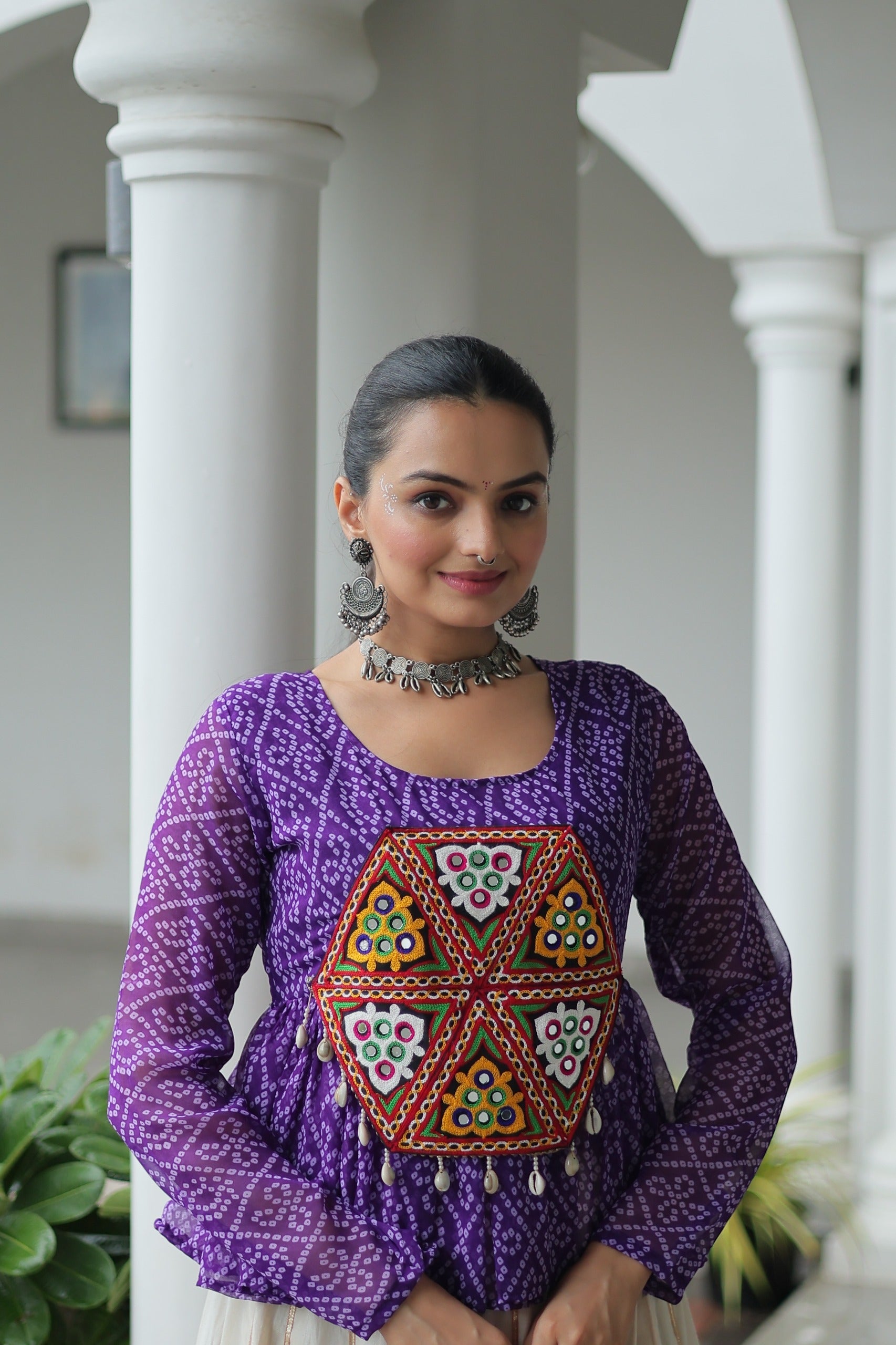 Prazu Fashion Violet Georgette Bandhani Print With Kutchi Gamthi Patchwork Navratri Lehenga