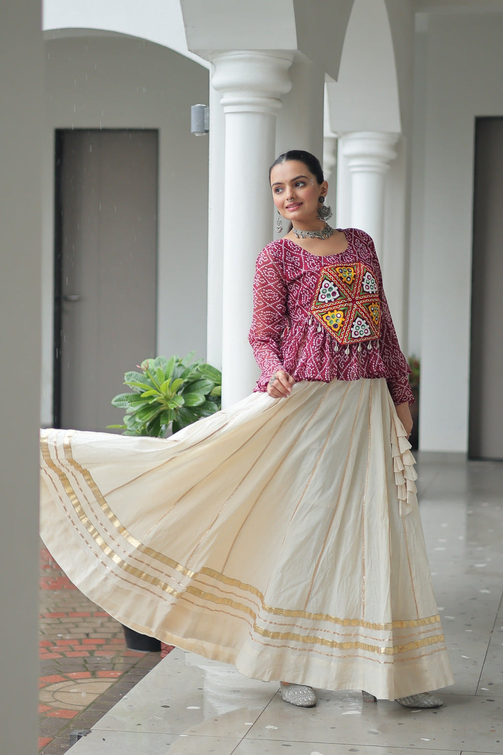 Prazu Fashion Wine Georgette Bandhani Print With Kutchi Gamthi Patchwork Navratri Lehenga