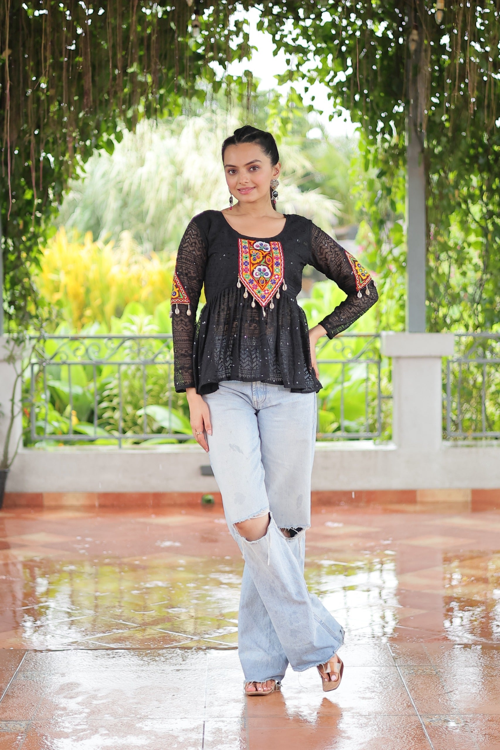 Prazu Fashion Black Georgette Schiffli Work Kutchi Gamthi Patch Work Navaratri Top
