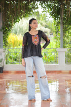 Prazu Fashion Black Georgette Schiffli Work Kutchi Gamthi Patch Work Navaratri Top