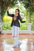 Prazu Fashion Black Georgette Schiffli Work Kutchi Gamthi Patch Work Navaratri Top