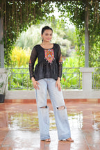Prazu Fashion Black Georgette Schiffli Work Kutchi Gamthi Patch Work Navaratri Top