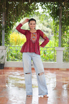 Prazu Fashion Maroon Georgette Schiffli Work Kutchi Gamthi Patch Work Navaratri Top