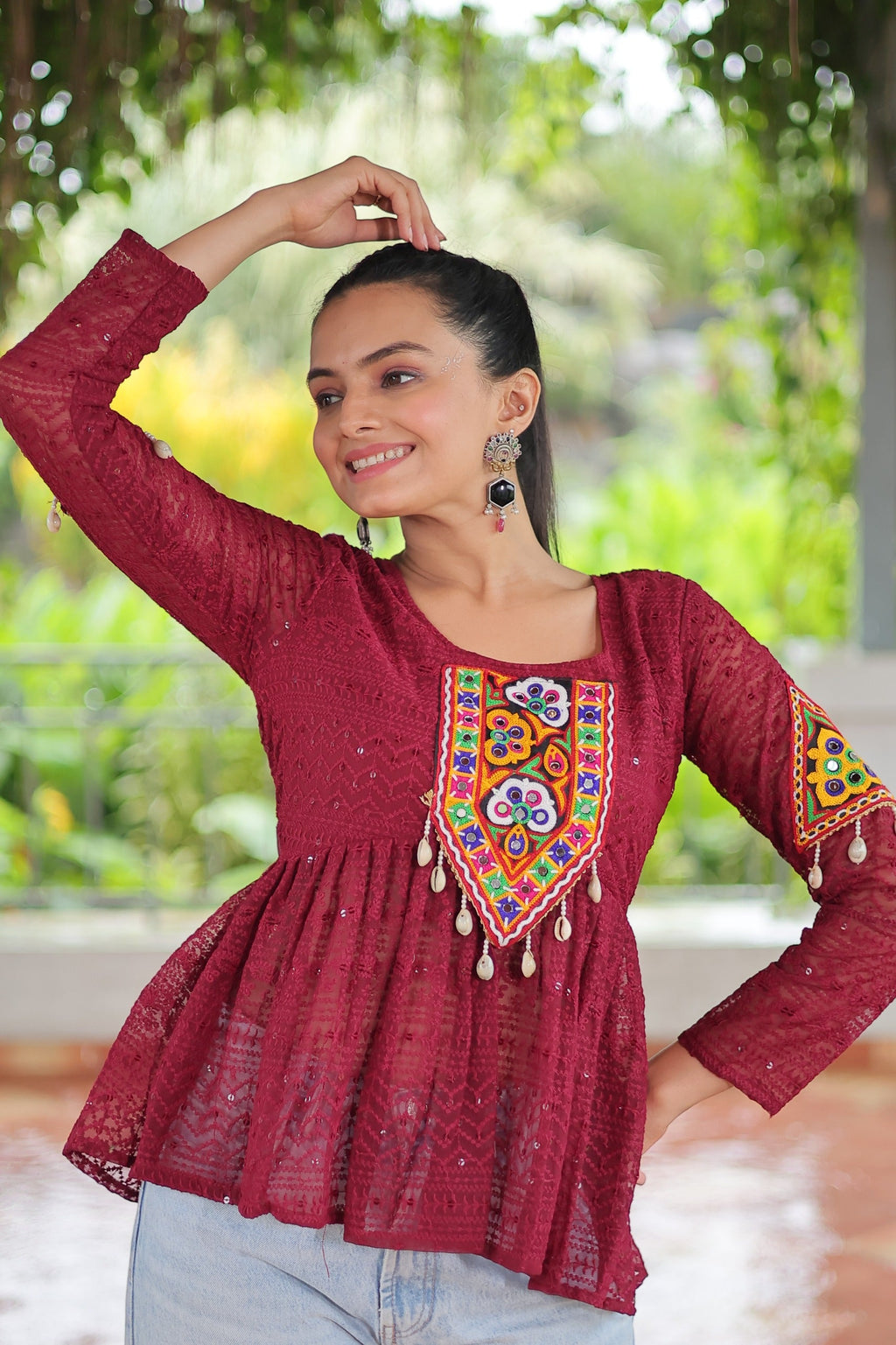 Prazu Fashion Maroon Georgette Schiffli Work Kutchi Gamthi Patch Work Navaratri Top