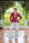 Prazu Fashion Maroon Georgette Schiffli Work Kutchi Gamthi Patch Work Navaratri Top
