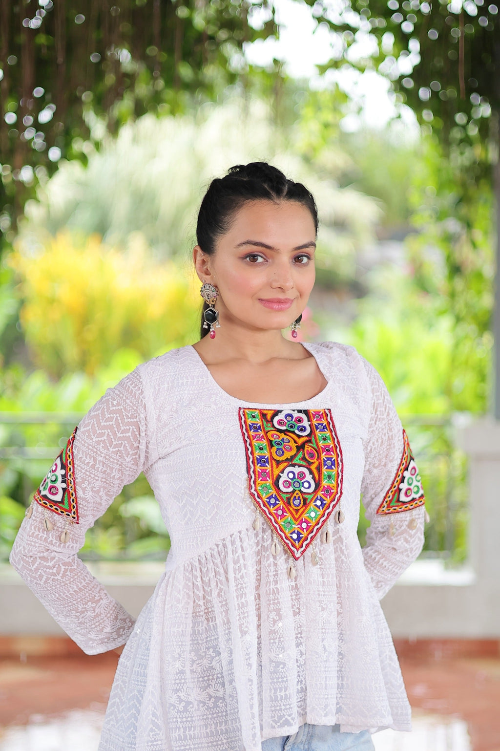 Prazu Fashion Off White Georgette Schiffli Work Kutchi Gamthi Patch Work Navaratri Top
