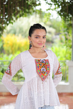 Prazu Fashion Off White Georgette Schiffli Work Kutchi Gamthi Patch Work Navaratri Top