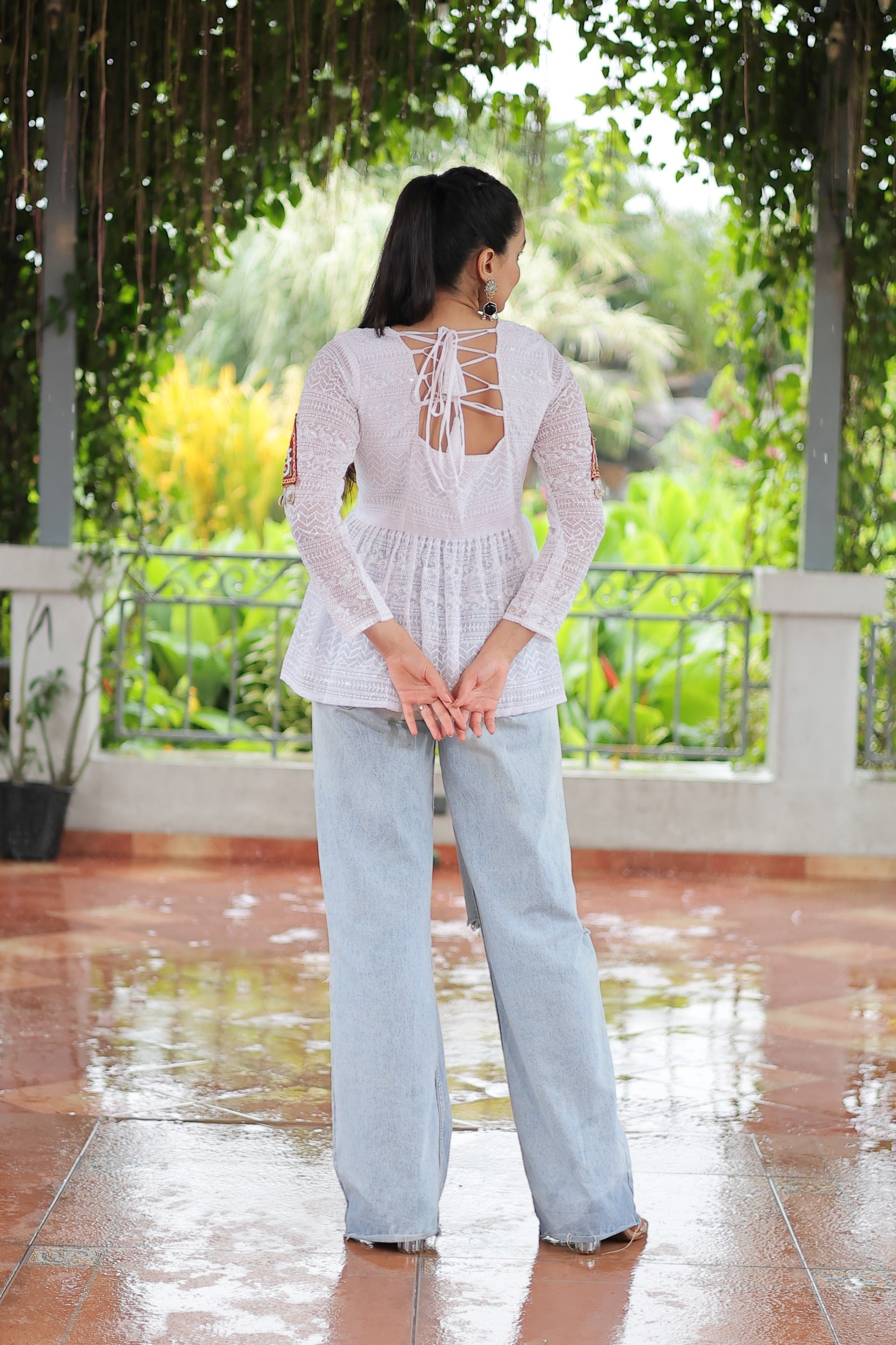 Prazu Fashion Off White Georgette Schiffli Work Kutchi Gamthi Patch Work Navaratri Top