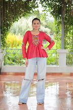 Prazu Fashion Pink Georgette Schiffli Work Kutchi Gamthi Patch Work Navaratri Top