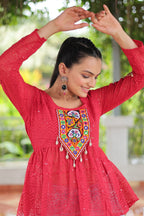 Prazu Fashion Pink Georgette Schiffli Work Kutchi Gamthi Patch Work Navaratri Top