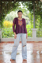 Prazu Fashion Wine Georgette Schiffli Work Kutchi Gamthi Patch Work Navaratri Top