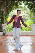 Prazu Fashion Wine Georgette Schiffli Work Kutchi Gamthi Patch Work Navaratri Top
