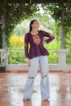 Prazu Fashion Wine Georgette Schiffli Work Kutchi Gamthi Patch Work Navaratri Top