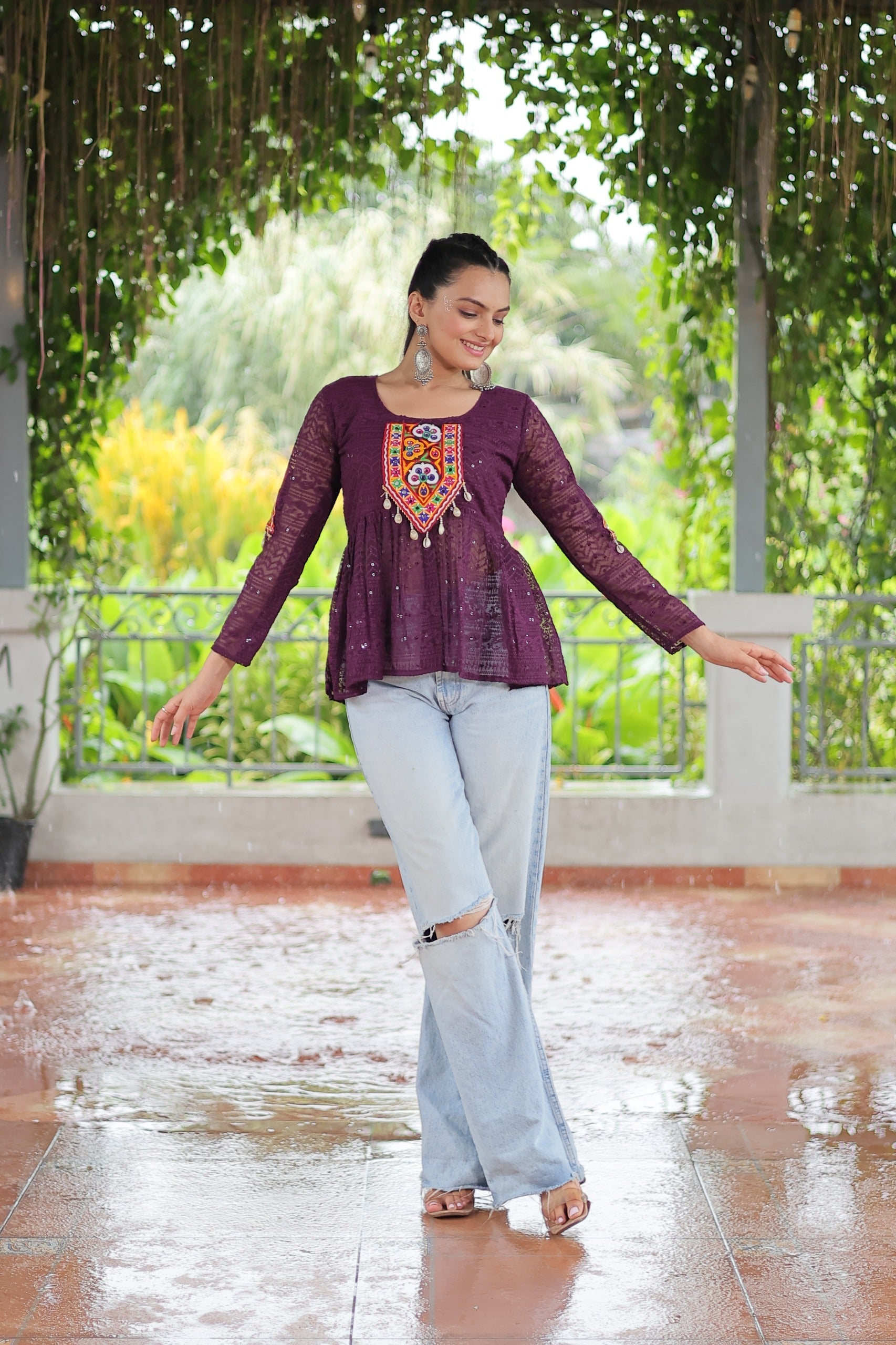 Prazu Fashion Wine Georgette Schiffli Work Kutchi Gamthi Patch Work Navaratri Top
