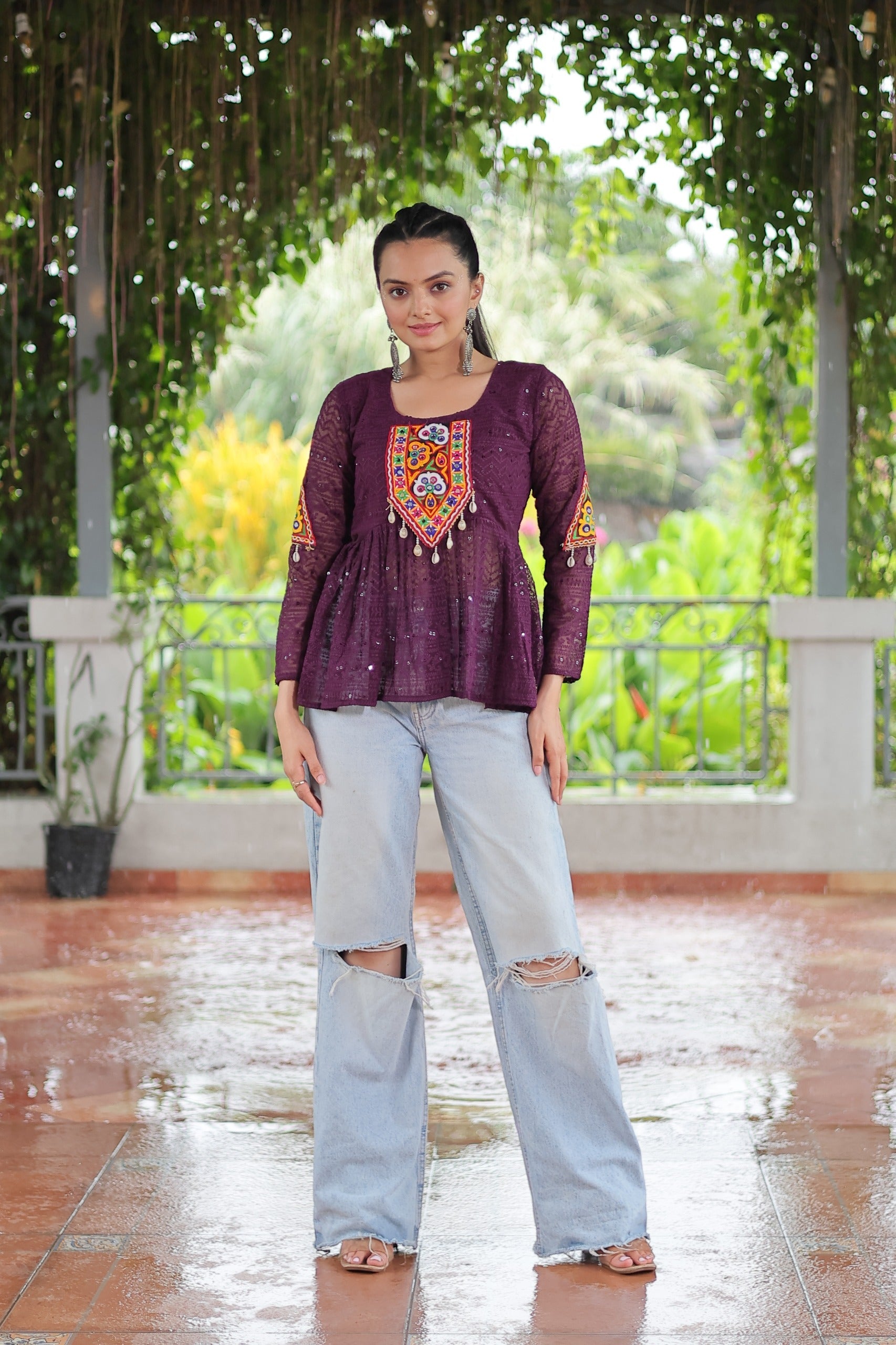 Prazu Fashion Wine Georgette Schiffli Work Kutchi Gamthi Patch Work Navaratri Top