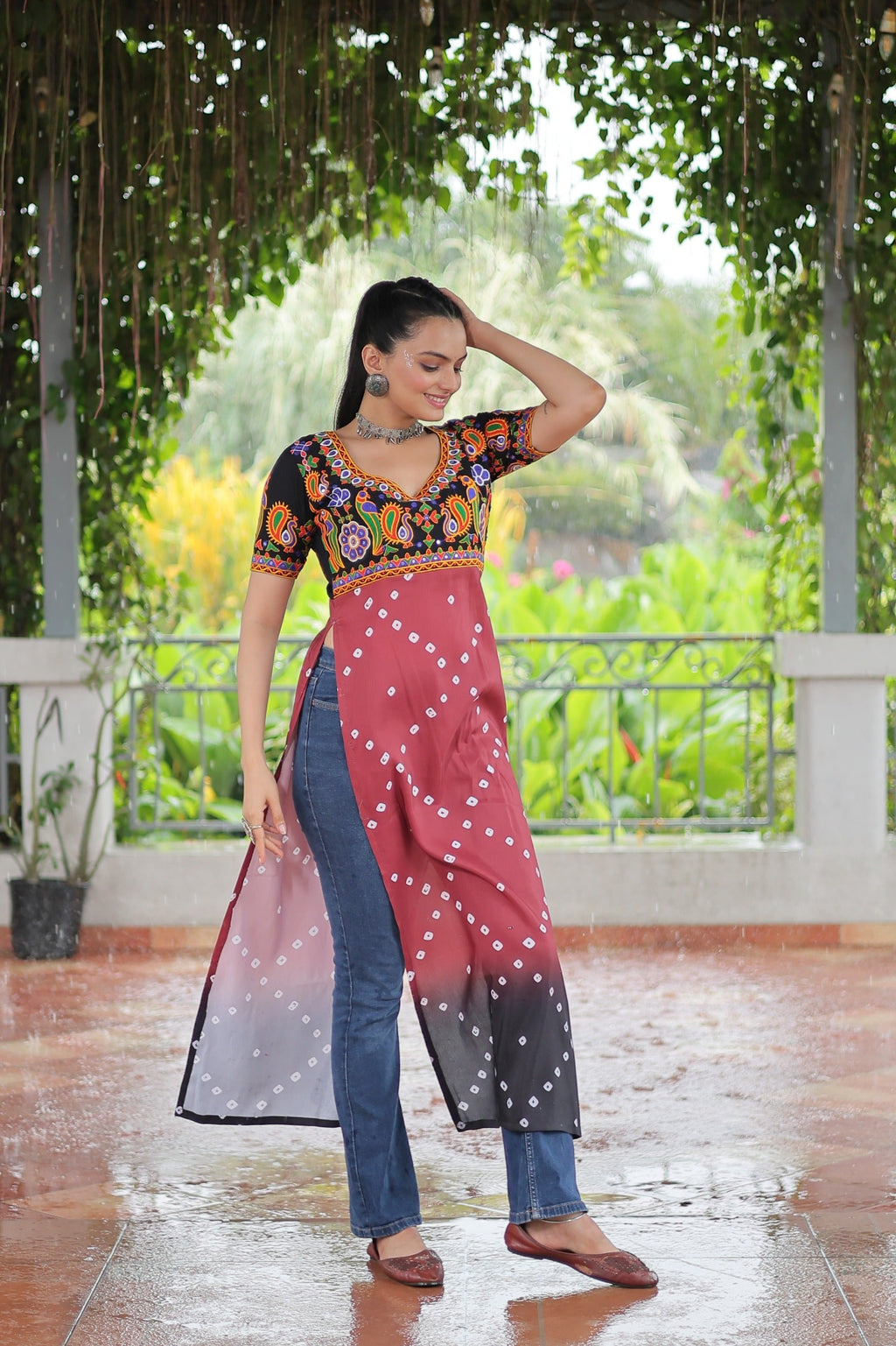 Prazu Fashion Pink Rayon Printed With Kutchi Gamthi Work Navaratri Kurti - Distacart