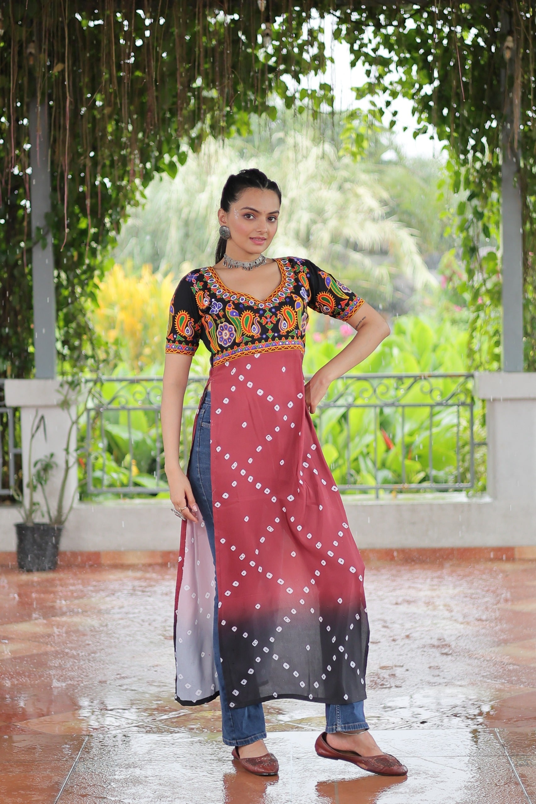 Prazu Fashion Pink Rayon Printed With Kutchi Gamthi Work Navaratri Kurti - Distacart