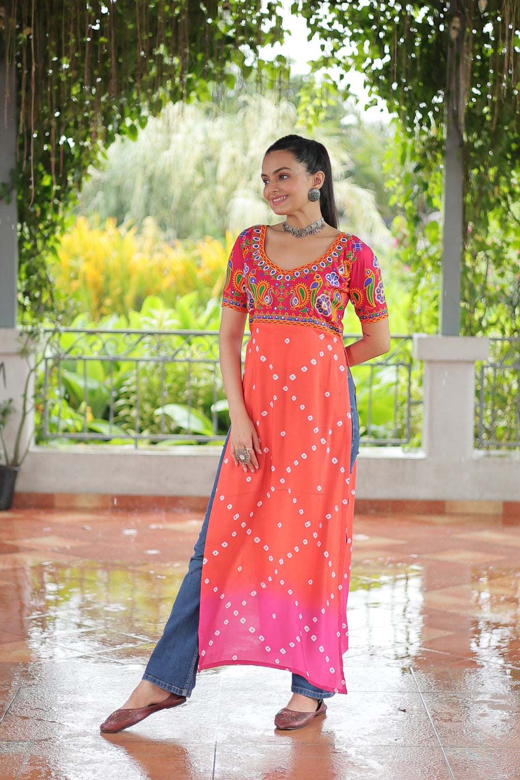 Prazu Fashion Orange Rayon Printed With Kutchi Gamthi Work Navaratri Kurti - Distacart