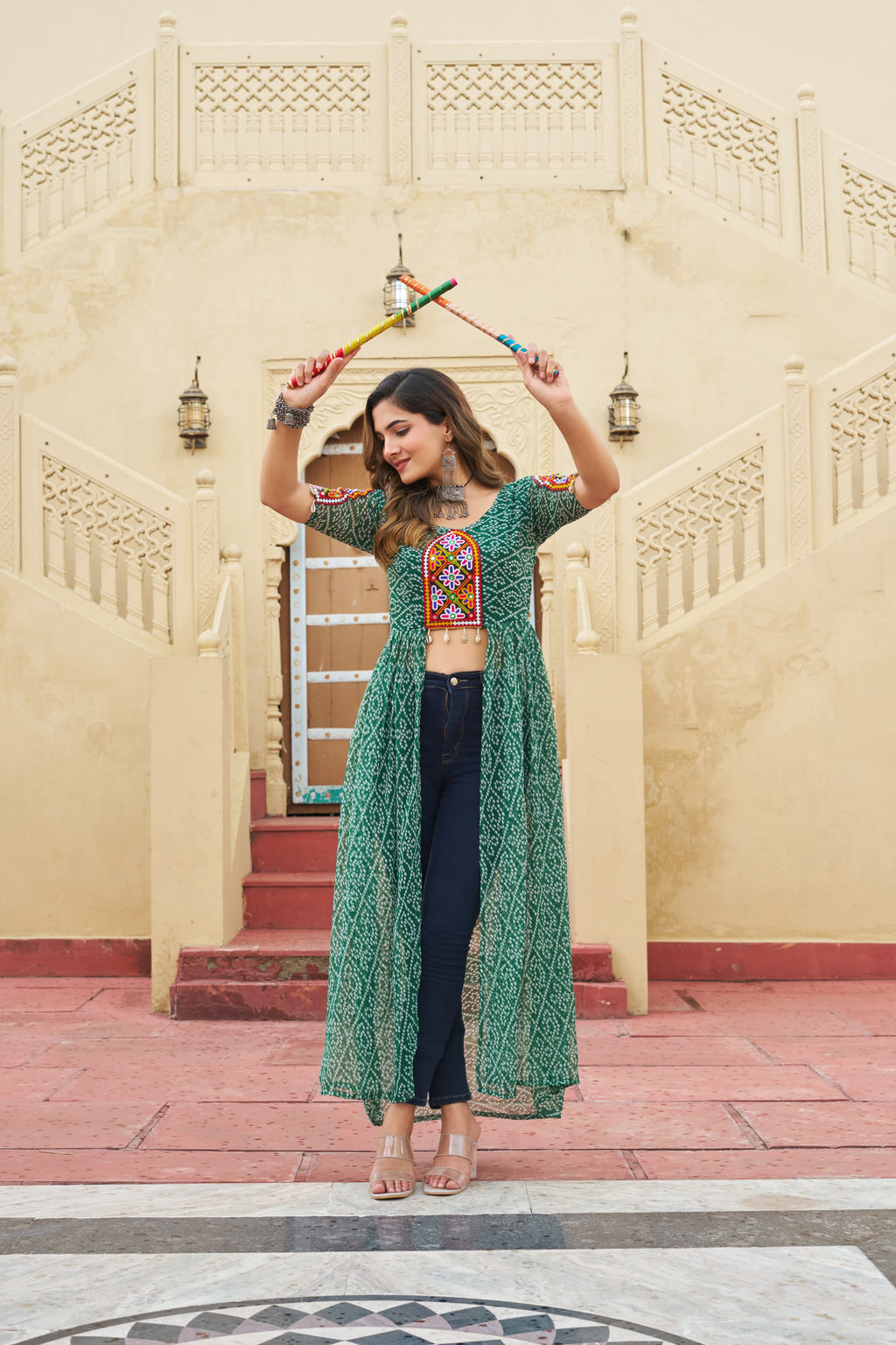Prazu Fashion Green Georgette Bandhani Print With Kutchi Patch work Navaratri Kurti - Distacart