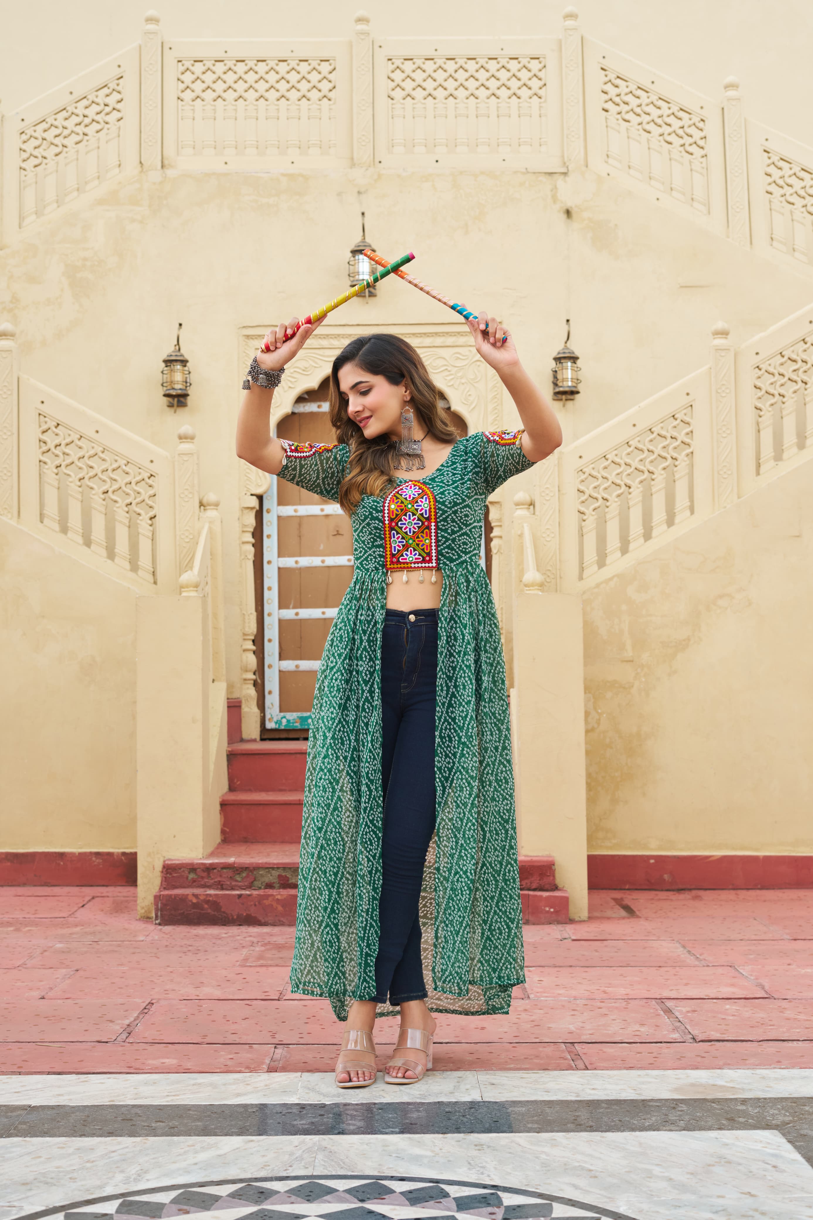 Prazu Fashion Green Georgette Bandhani Print With Kutchi Patch work Navaratri Kurti - Distacart