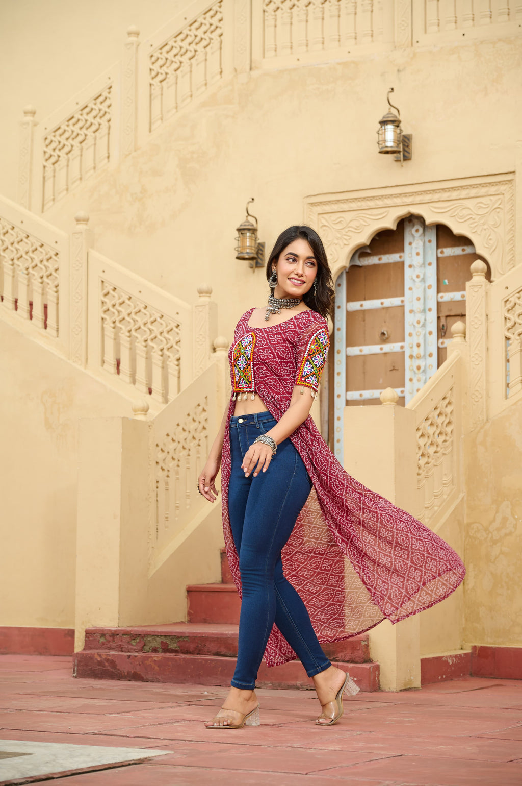 Prazu Fashion Maroon Georgette Bandhani Print With Kutchi Patch work Navaratri Kurti - Distacart