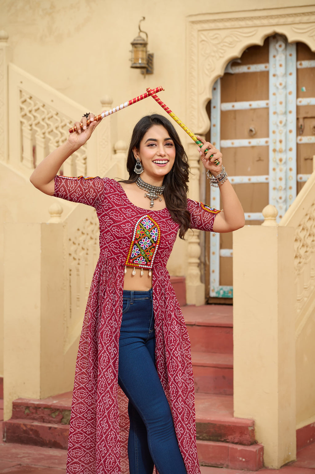 Prazu Fashion Maroon Georgette Bandhani Print With Kutchi Patch work Navaratri Kurti - Distacart