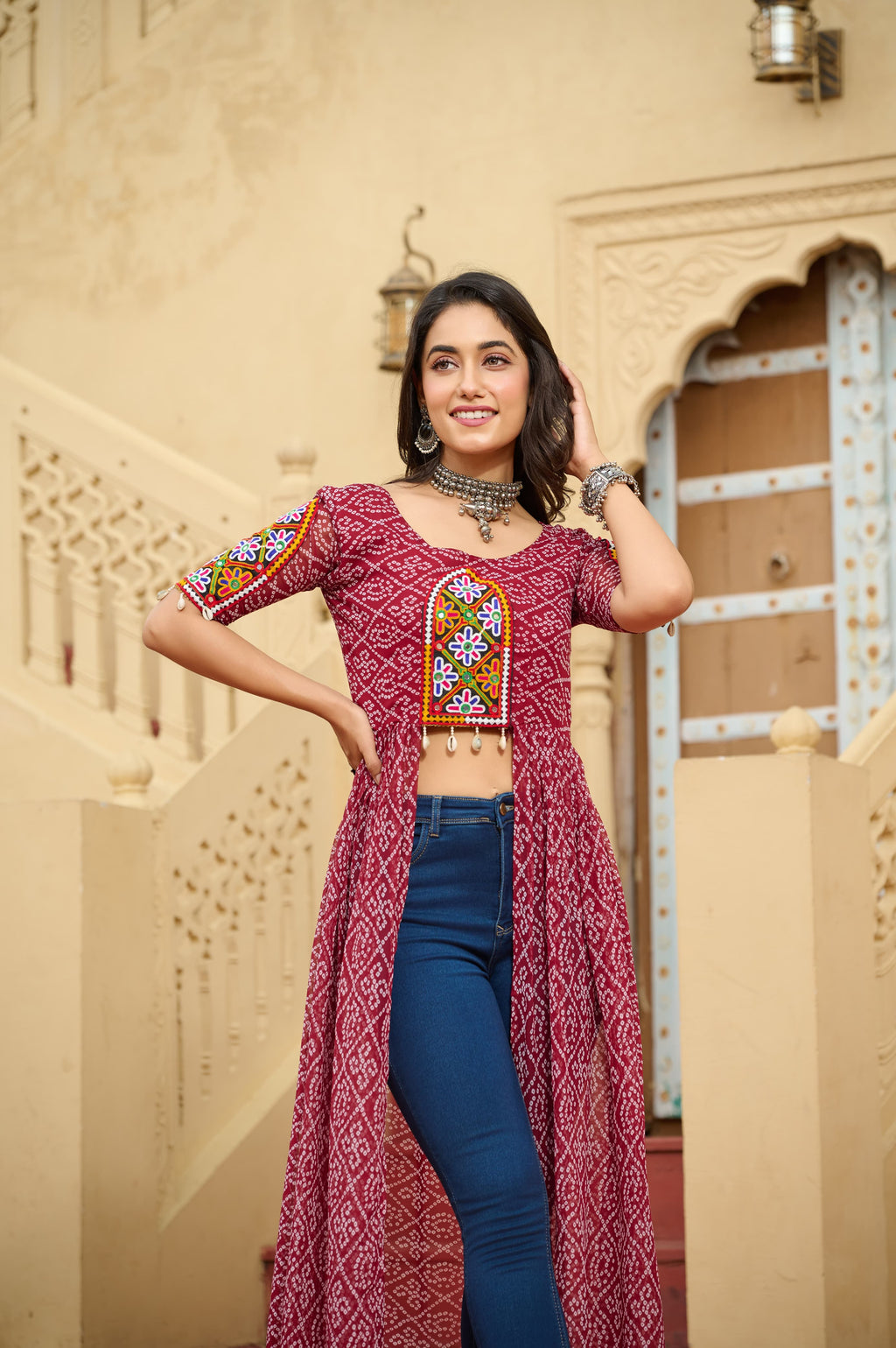 Prazu Fashion Maroon Georgette Bandhani Print With Kutchi Patch work Navaratri Kurti - Distacart
