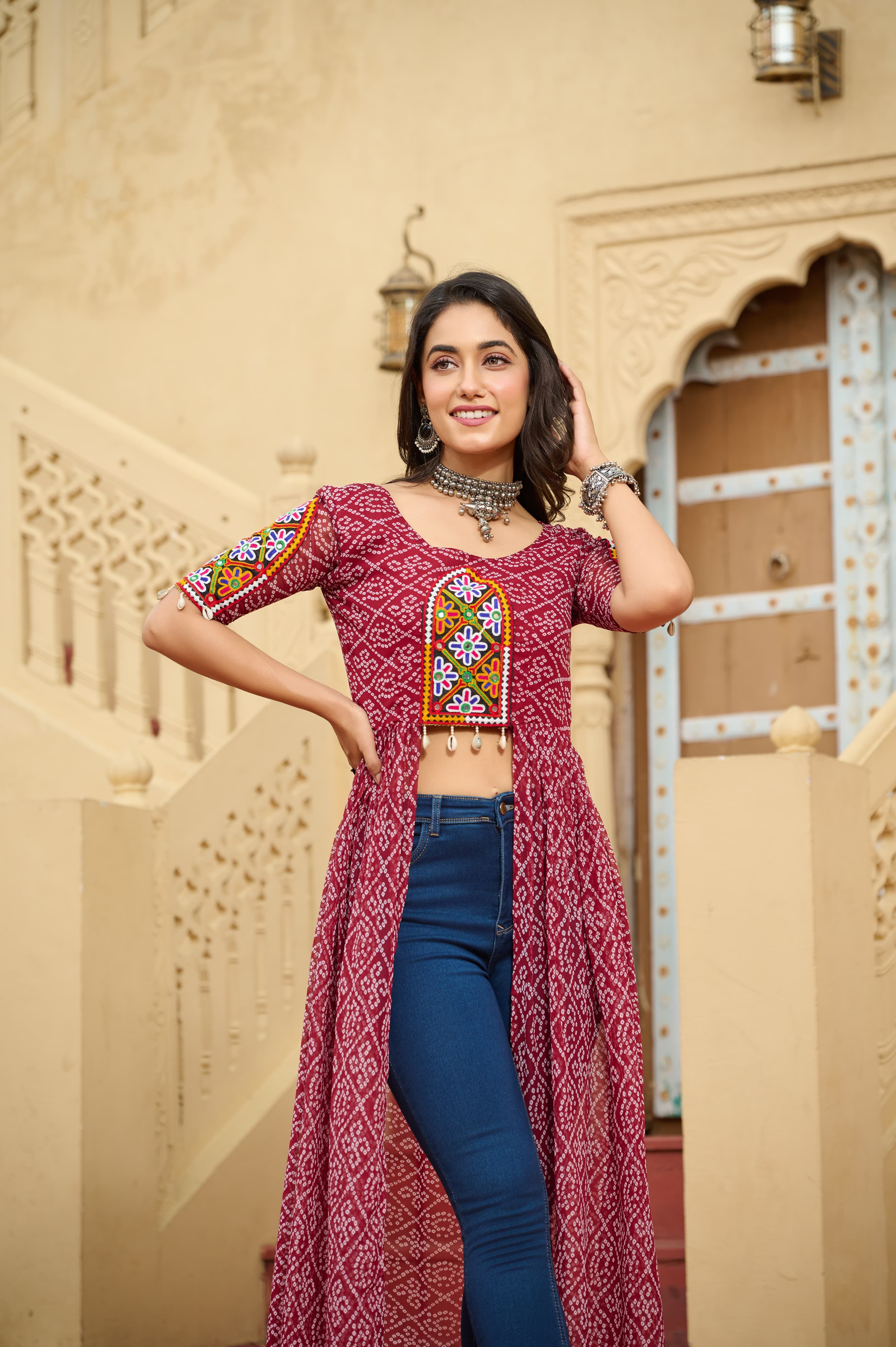 Prazu Fashion Maroon Georgette Bandhani Print With Kutchi Patch work Navaratri Kurti - Distacart