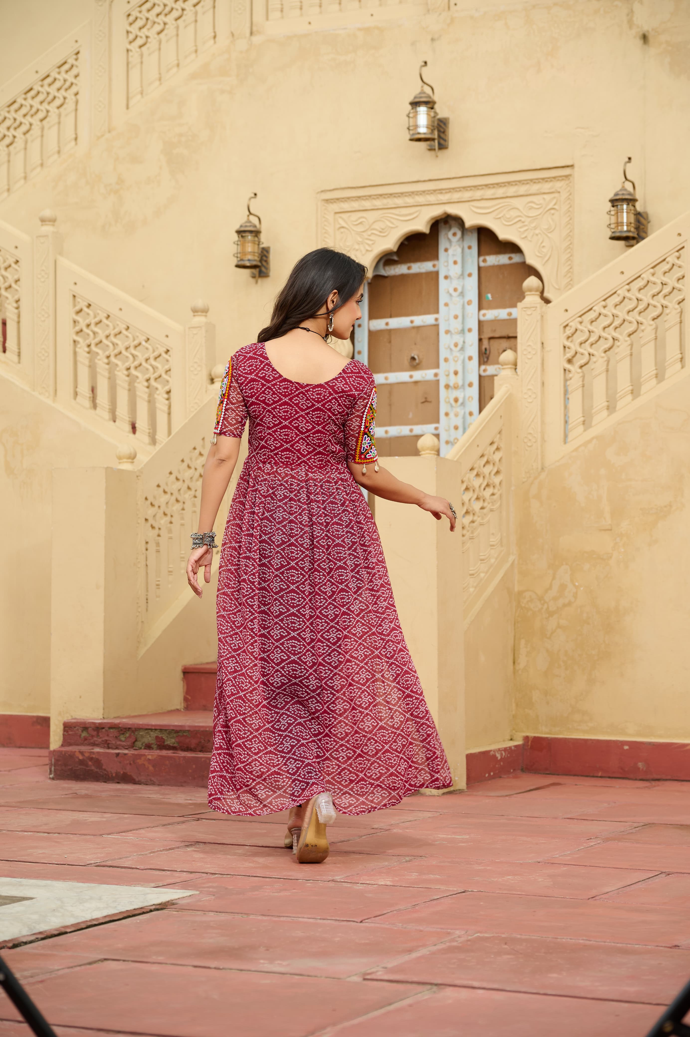 Prazu Fashion Maroon Georgette Bandhani Print With Kutchi Patch work Navaratri Kurti - Distacart