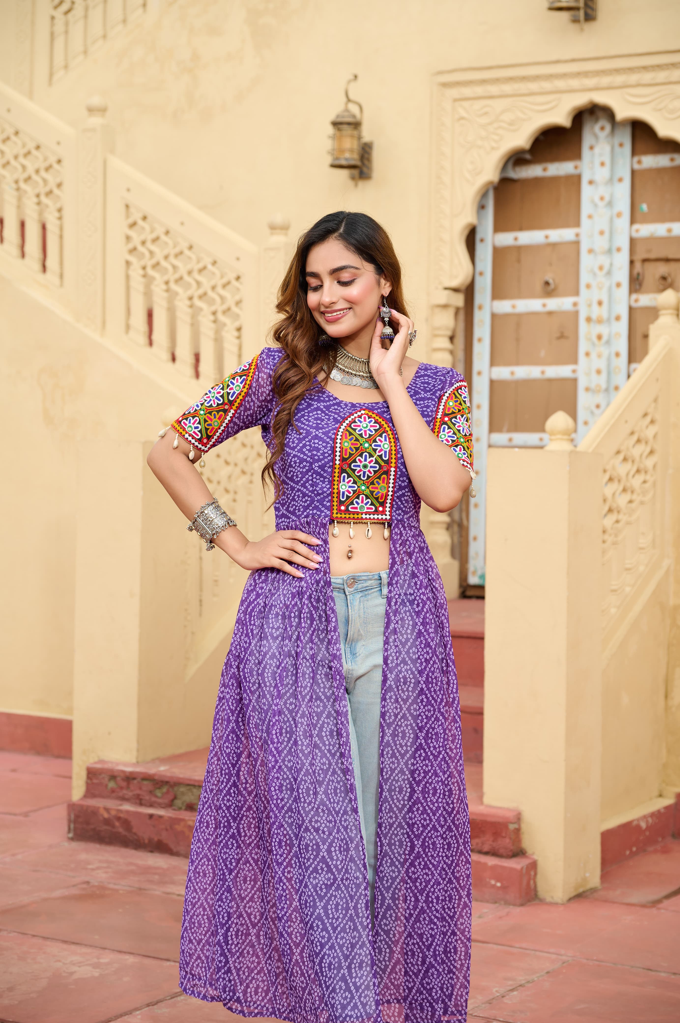 Prazu Fashion Violet Georgette Bandhani Print With Kutchi Patch work Navaratri Kurti - Distacart