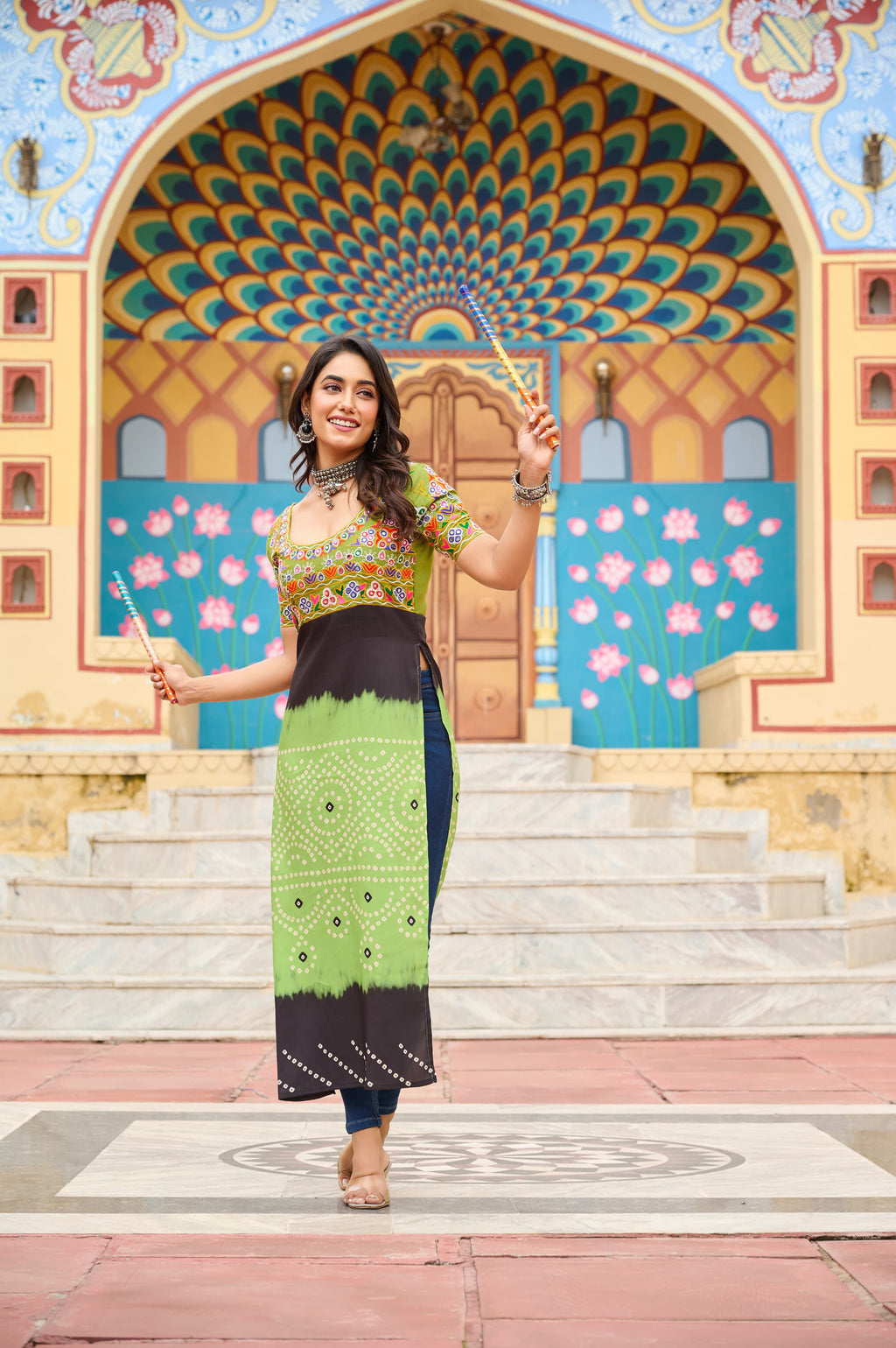 Prazu Fashion Light Green Rayon Printed With Kutchi Gamthi Work Navaratri Kurti - Distacart