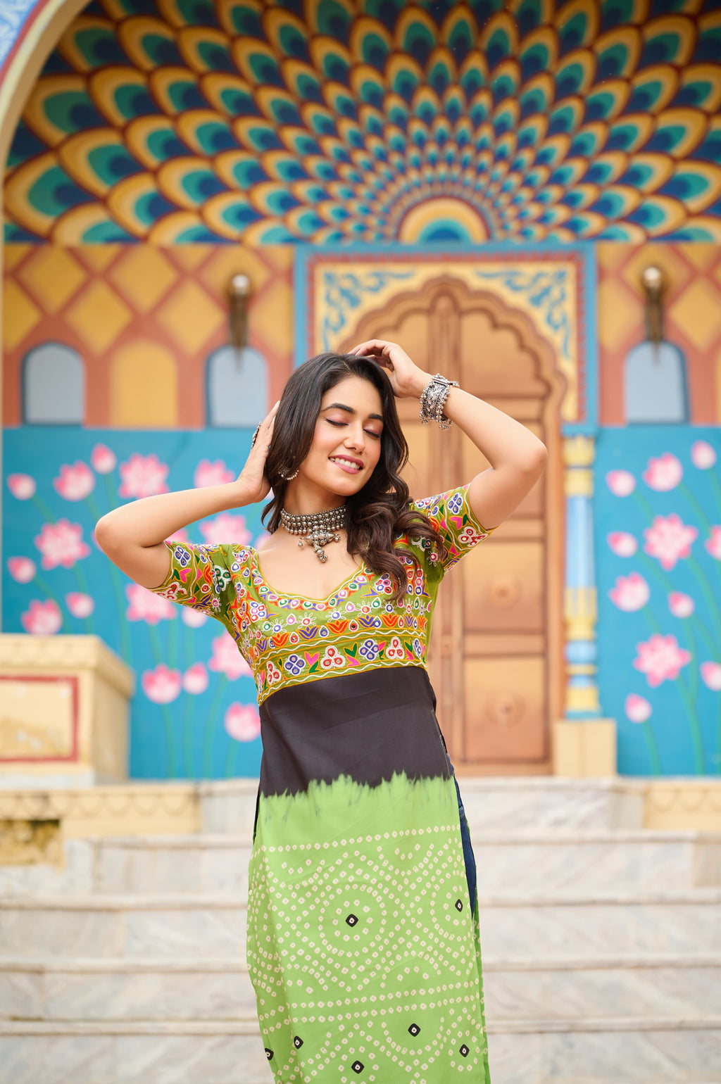 Prazu Fashion Light Green Rayon Printed With Kutchi Gamthi Work Navaratri Kurti - Distacart