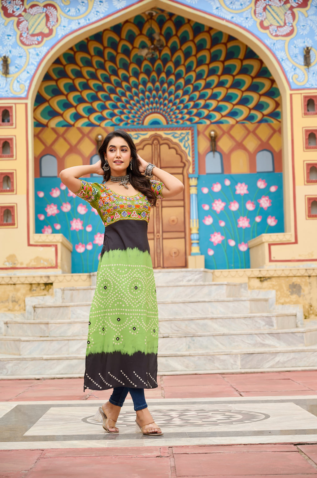 Prazu Fashion Light Green Rayon Printed With Kutchi Gamthi Work Navaratri Kurti - Distacart
