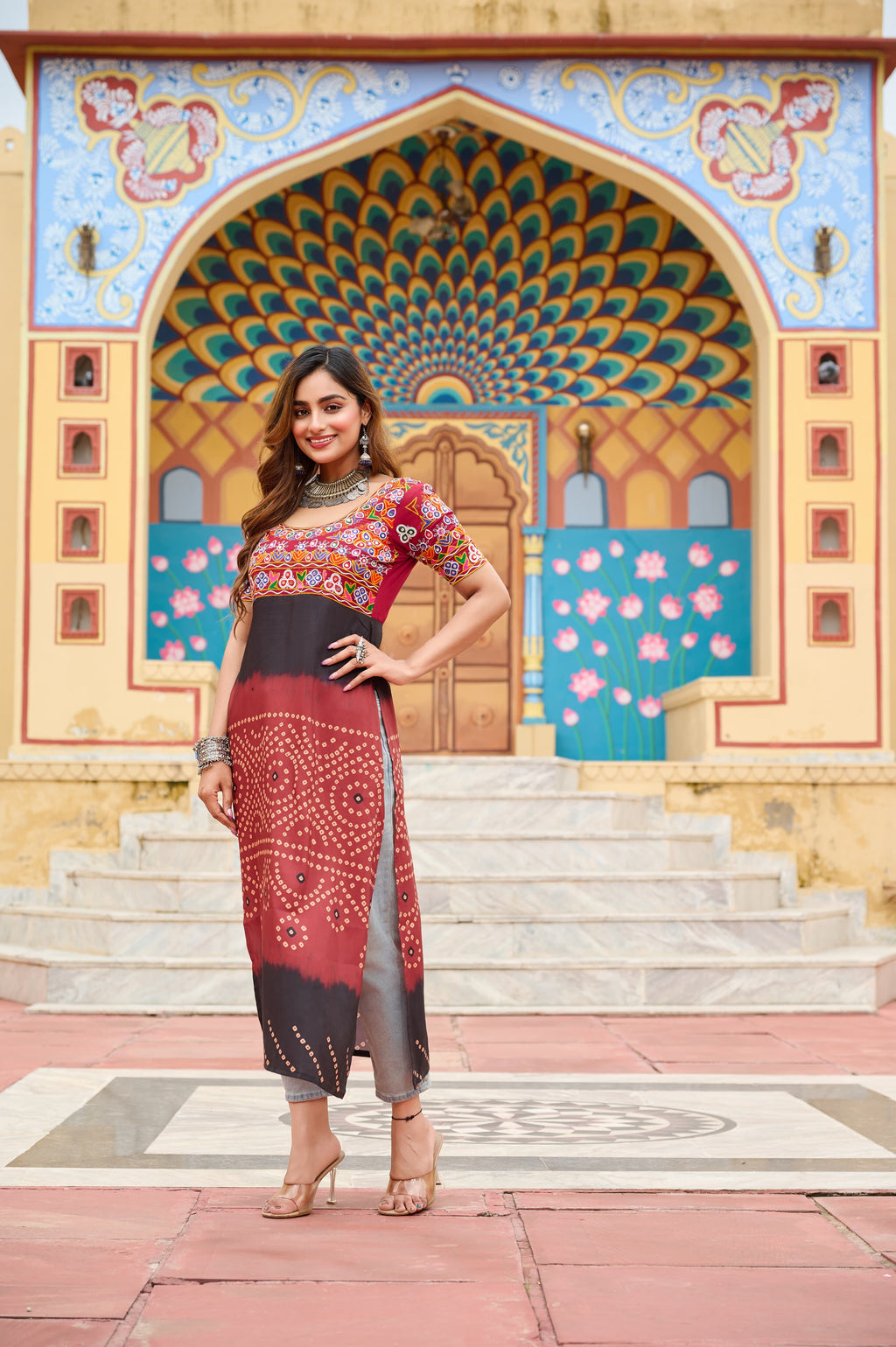 Prazu Fashion Maroon Rayon Printed With Kutchi Gamthi Work Navaratri Kurti - Distacart