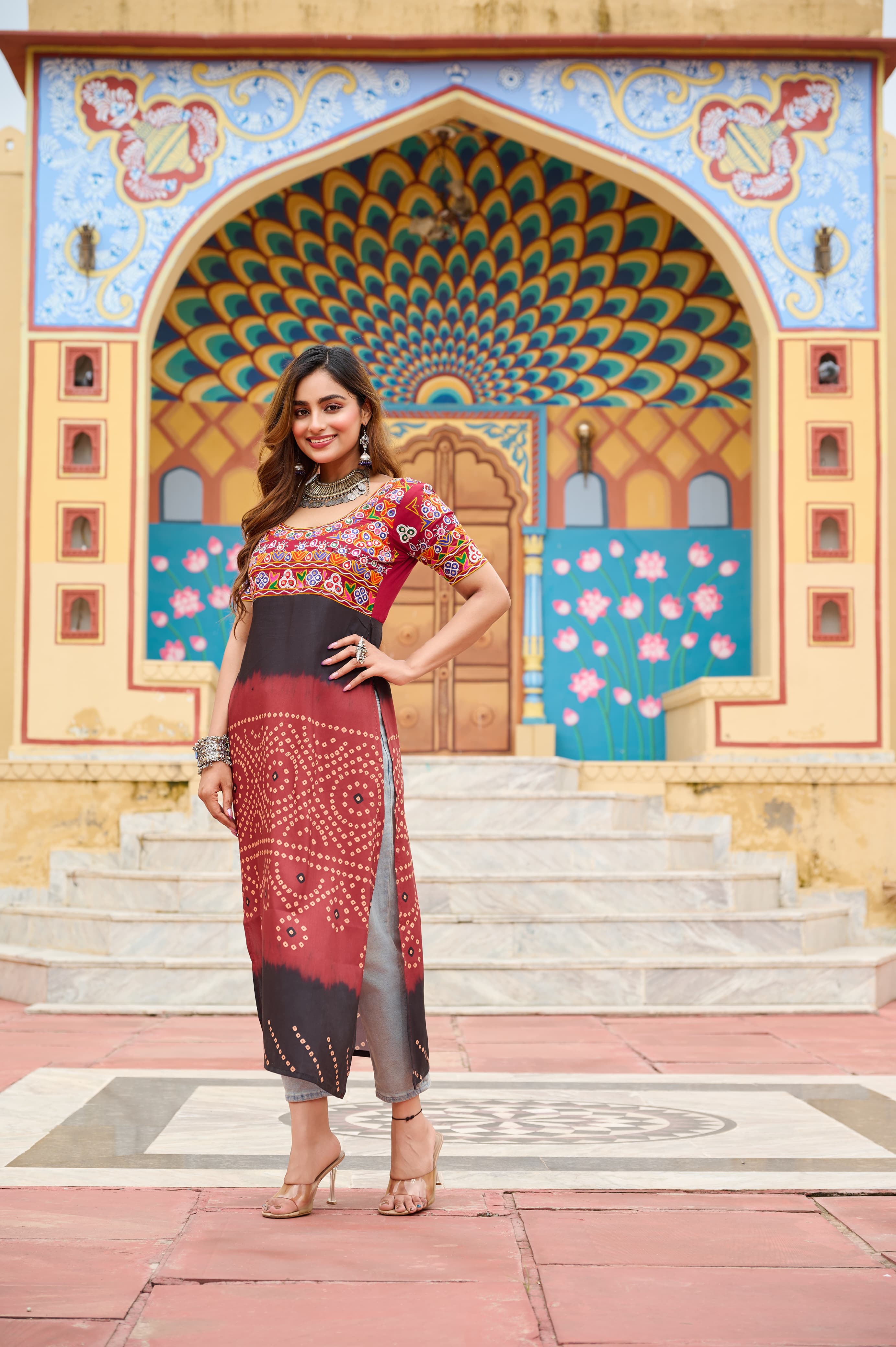 Prazu Fashion Maroon Rayon Printed With Kutchi Gamthi Work Navaratri Kurti - Distacart