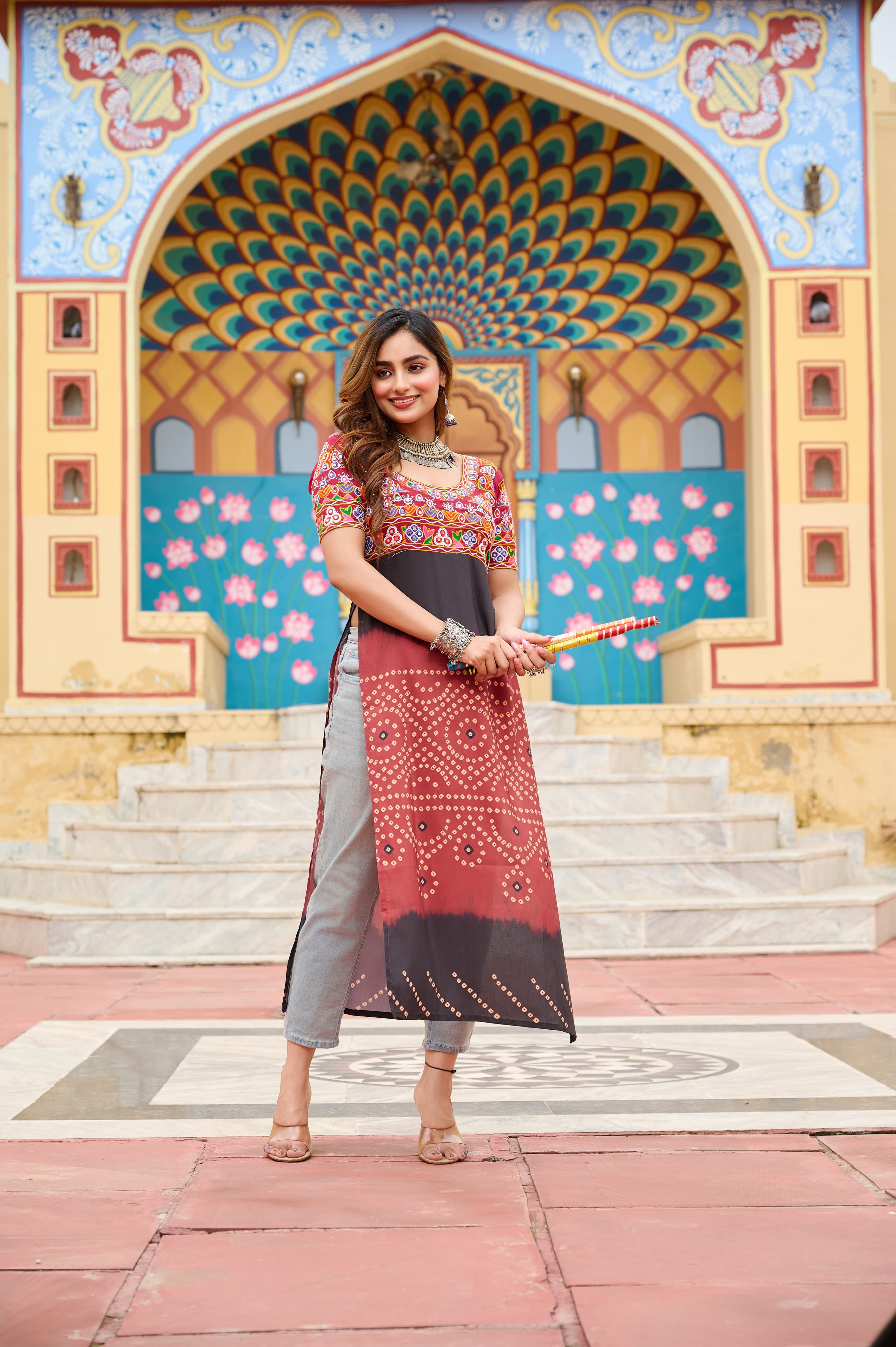 Prazu Fashion Maroon Rayon Printed With Kutchi Gamthi Work Navaratri Kurti - Distacart