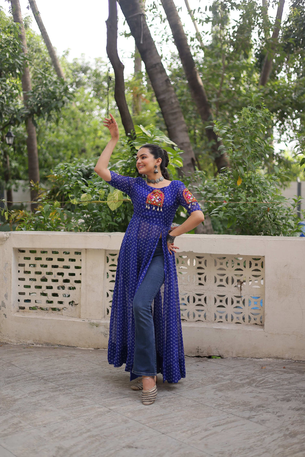 Prazu Fashion Blue Georgette Bandhani Print With Kutchi Patch work Navaratri Kurti - Distacart