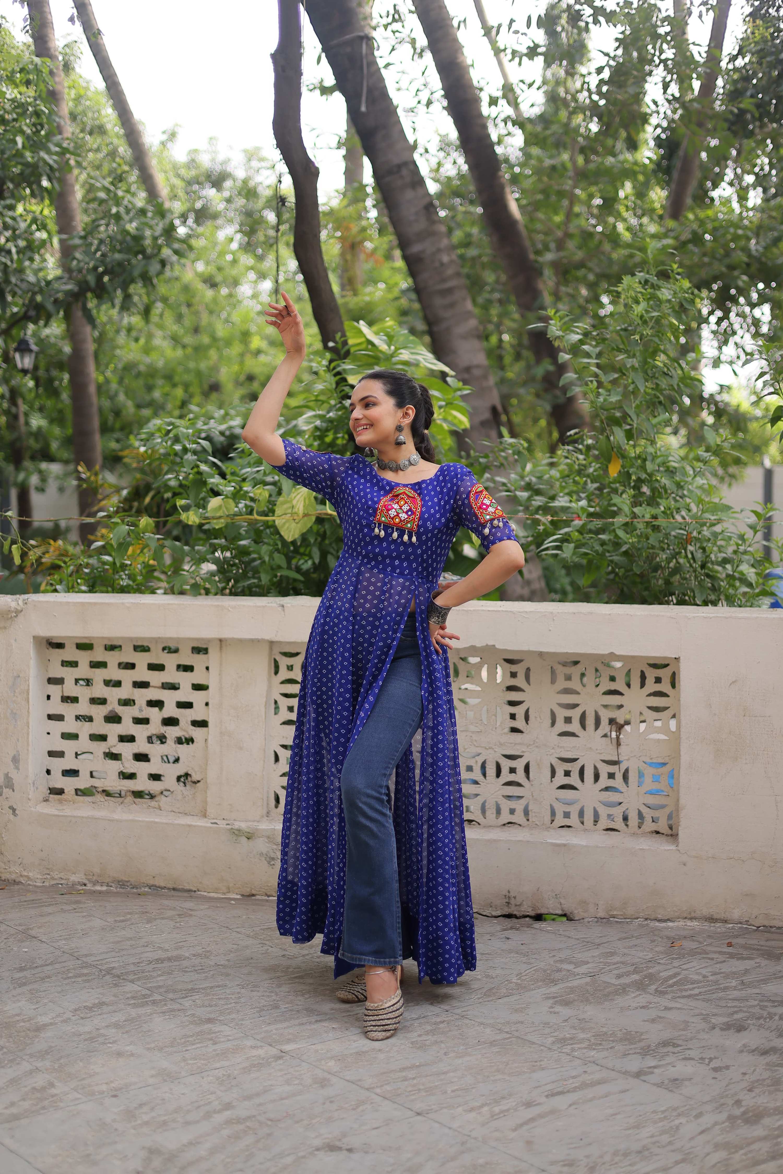 Prazu Fashion Blue Georgette Bandhani Print With Kutchi Patch work Navaratri Kurti - Distacart